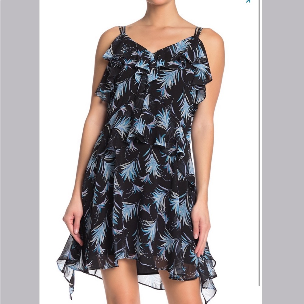 Palm Print Ruffled Sleeveless Chiffon Dress